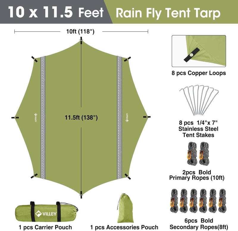 VILLEY Hammock Tent Rain Fly, Octagonal Waterproof Camping Tarp, Sun Shelter for Camping, Backpacking, Hiking, Accessory Includes Stakes, Ropes and Carry Bag (Green) - Image 3